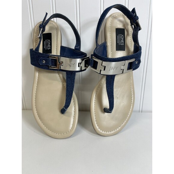 Jones New York Denim Sandals. Sz 6.5" Amy"  Style. Barley worn. Metal detail. - Picture 1 of 6